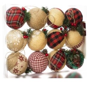 Rustic Holiday Burlap and Plaid Christmas Ornaments - Set of 12